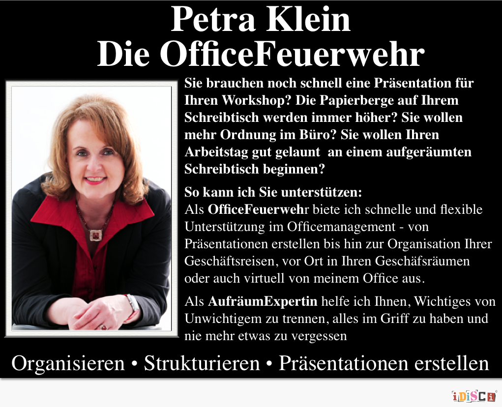 Burohilfe-Muenchen, Petra Klein, Die OfficeFeuerwehr, Die Lösung fürs Büro, Organisieren, Strukturieren, Präsentationen erstellen.